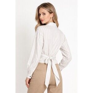 Paisie Striped Crossover Wrap Blouse with Waist Tie 100% Cotton - Size 6